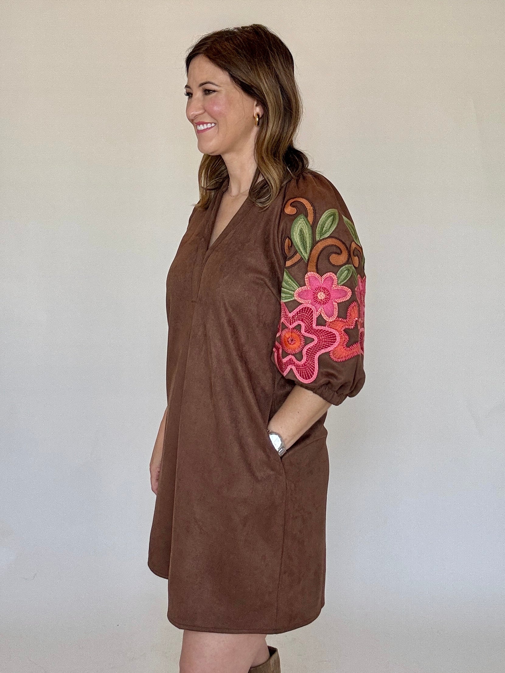 Suede Dress w/ EMB Sleeves