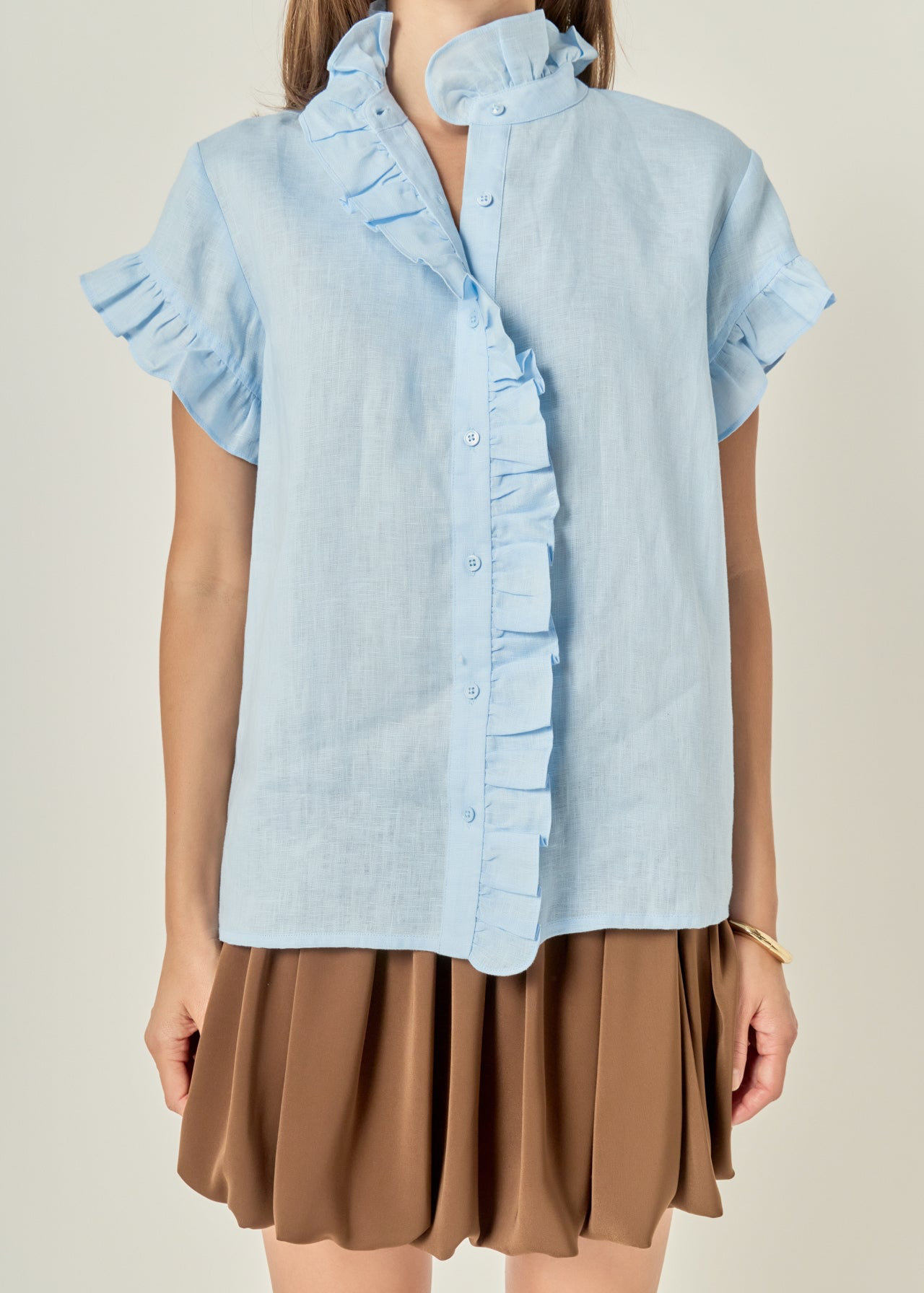 Linen Ruffle Shirt Powder Blue