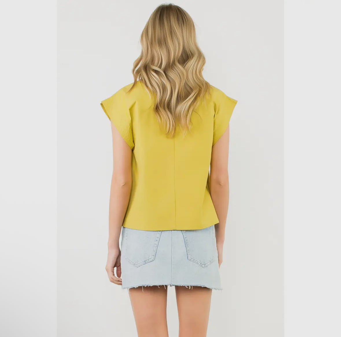 THML mock neck cap sleeve blouse in chartreuse and white