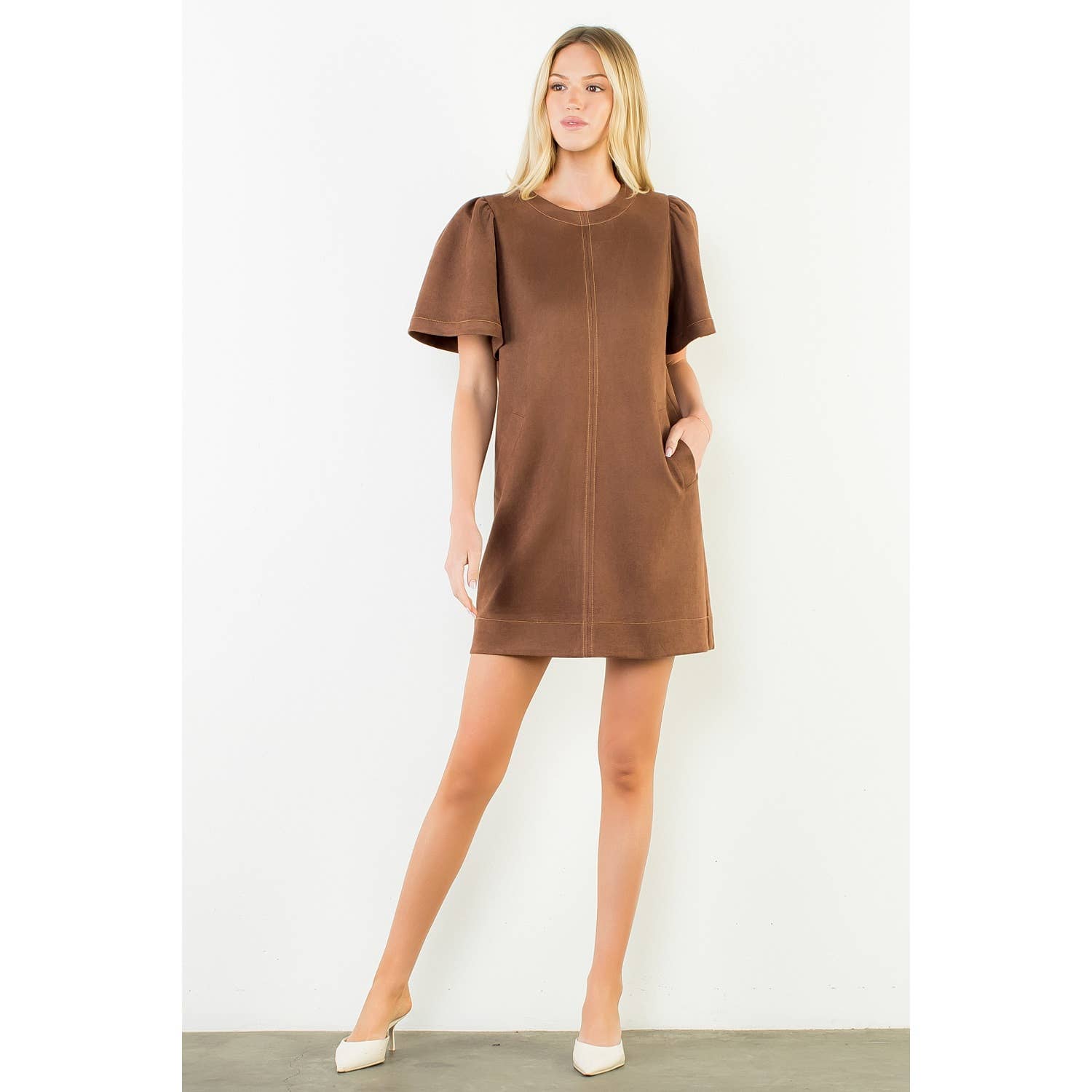 Chocolate Suede Short Sleeve Dress - THML
