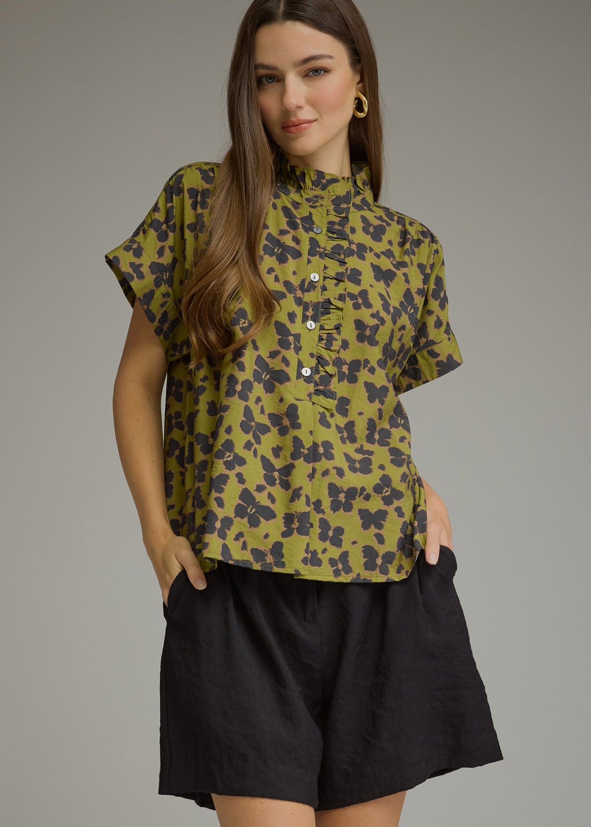 Cheetah Print Blouse Olive - Chatsworth Boutique