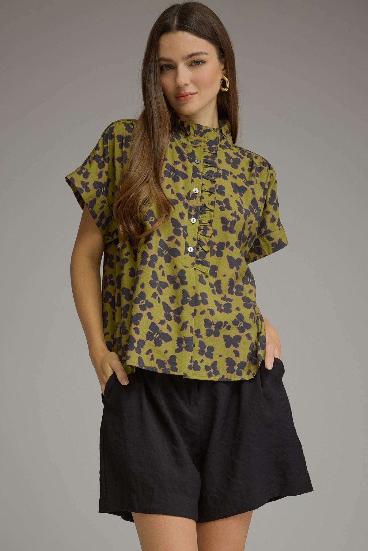 Cheetah Print Blouse Olive - Chatsworth Boutique
