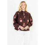 THML maroon long sleeve floral top with pink florals and patterned cuffs, women's fall top