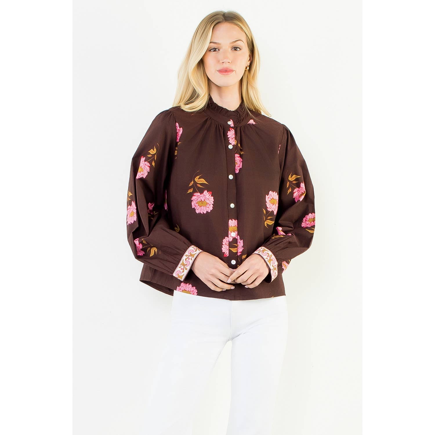 THML maroon long sleeve floral top with pink florals and patterned cuffs, women's fall top