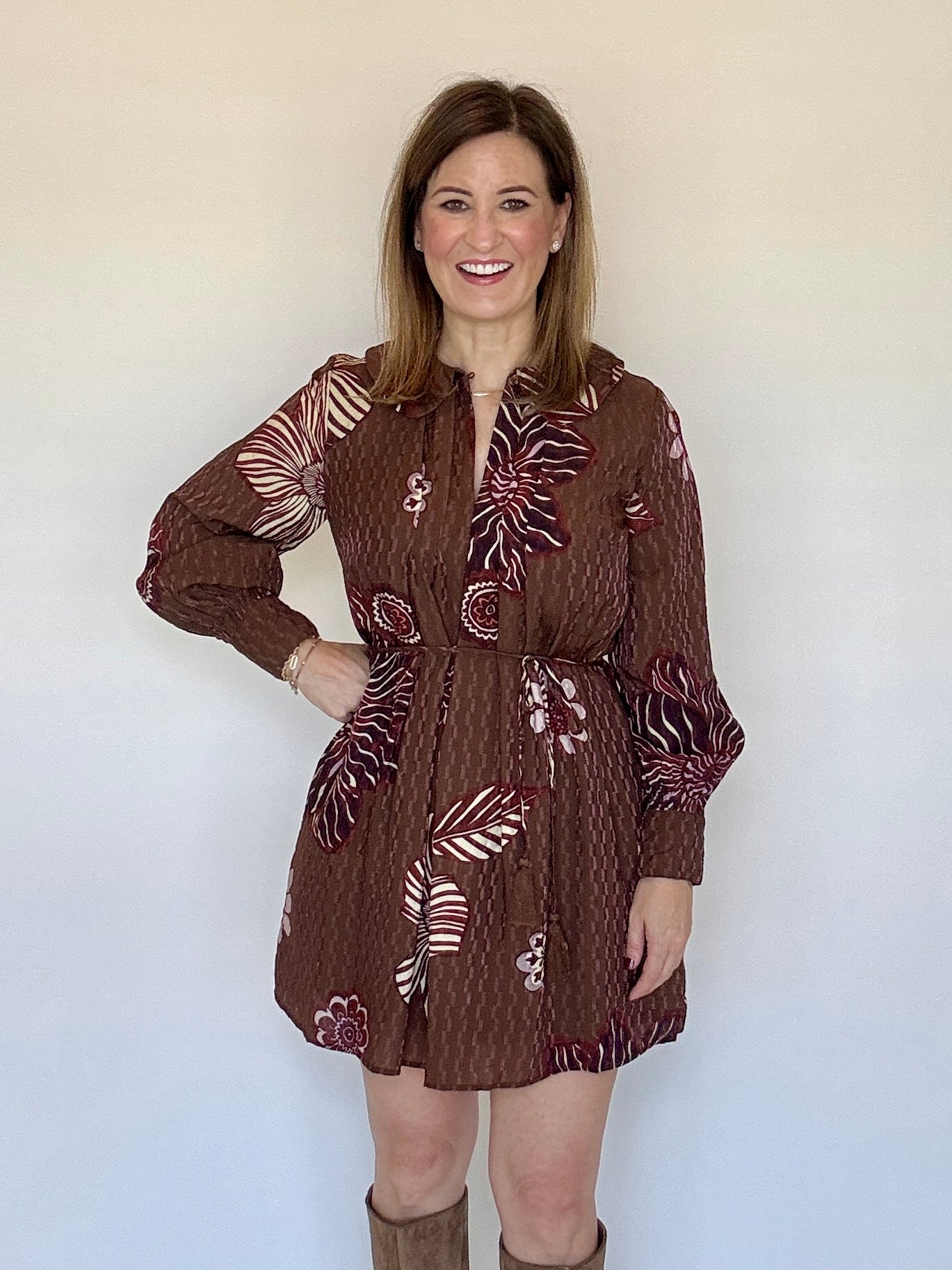 Brown Floral Textured Mini Dress, Detail - Ciebon