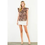 Brown Flutter Sleeve Button Top, Back View - THML