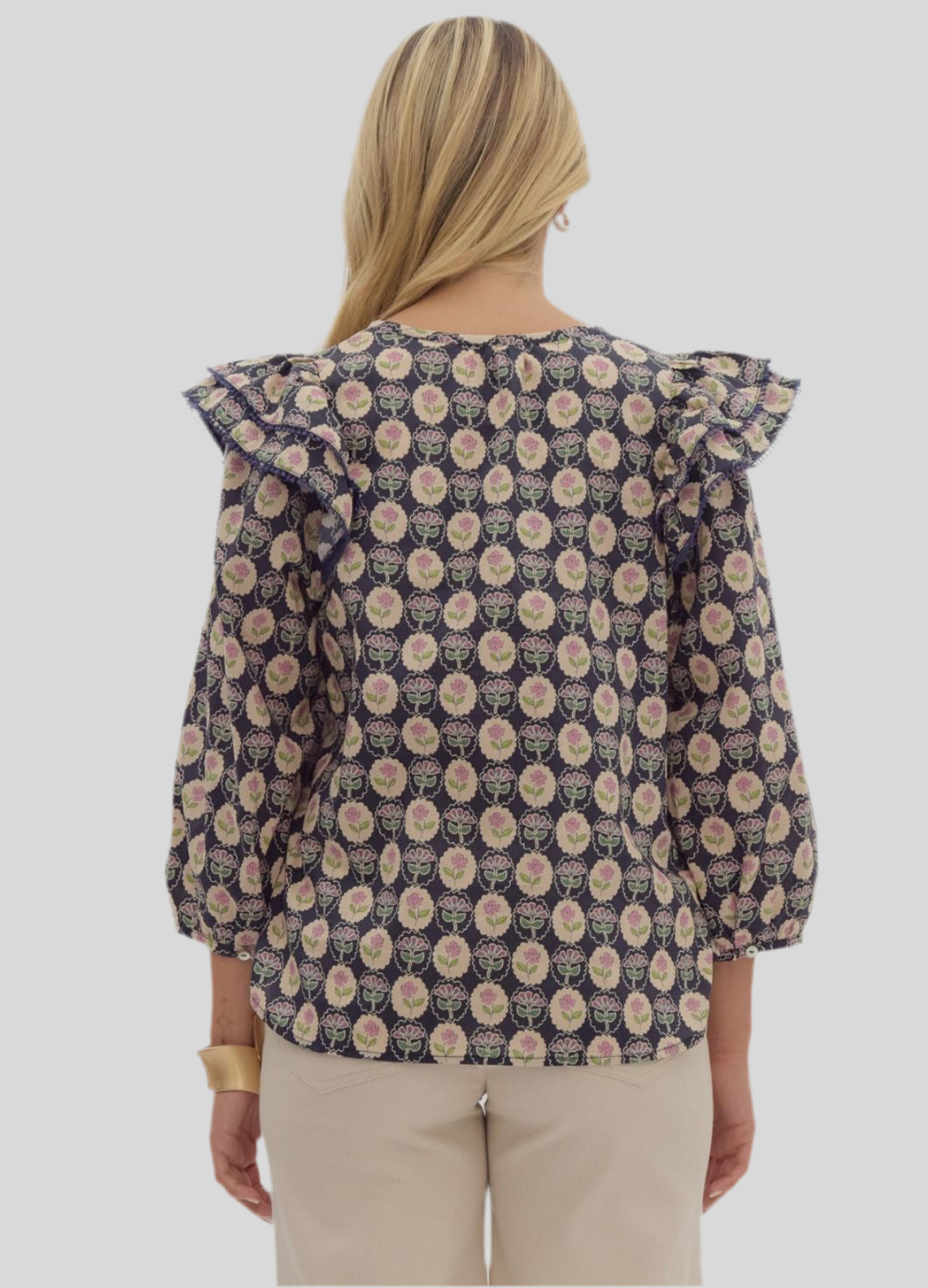 double ruffle shoulder 3/4 length sleeve tie neck cotton top