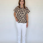 Front view of the Cheetah Print Blouse, showing the ruffle collar and button front, from Chatsworth Boutique.