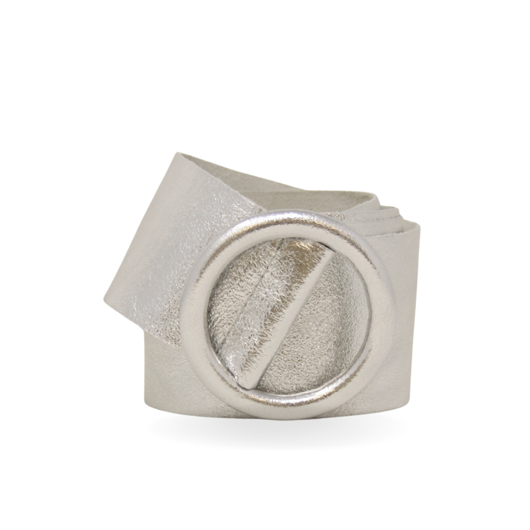 Silver belt with a textured design on a white background