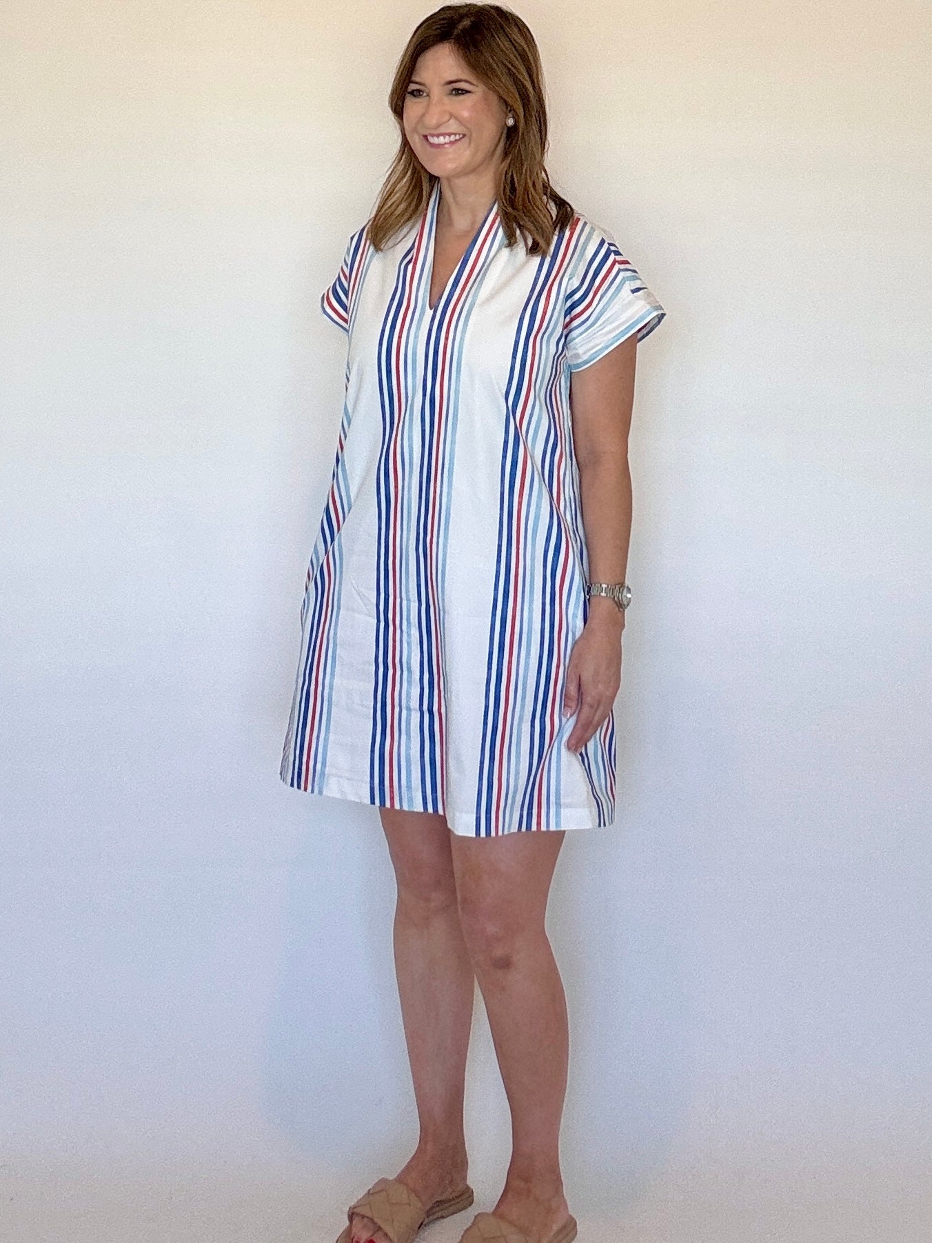 Nancy Dress - Red/White/Blue Stripes