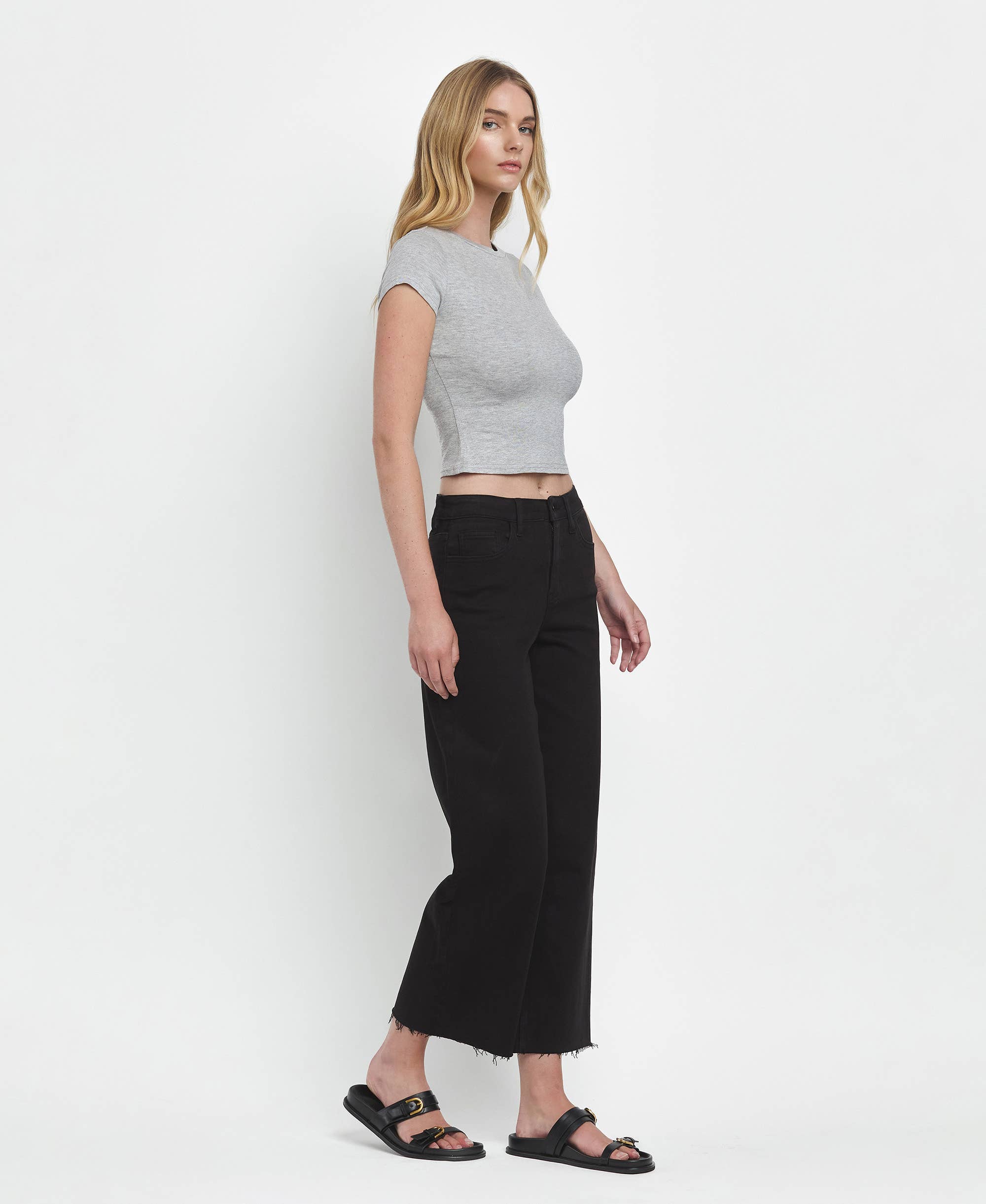 high rise wide leg frayed bottom denim jeans