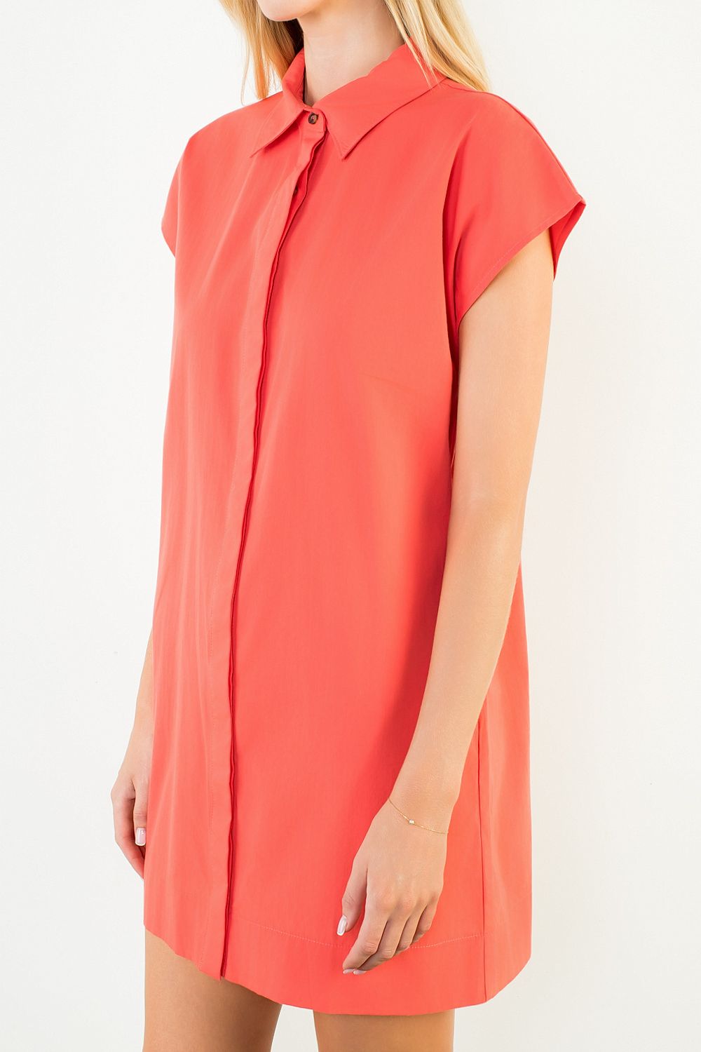 Red Orange Collared Shirtdress Mini, Detail - THML