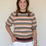 Brown Sweater Knit Top with Mint and Pink Geometric Stripes - THML