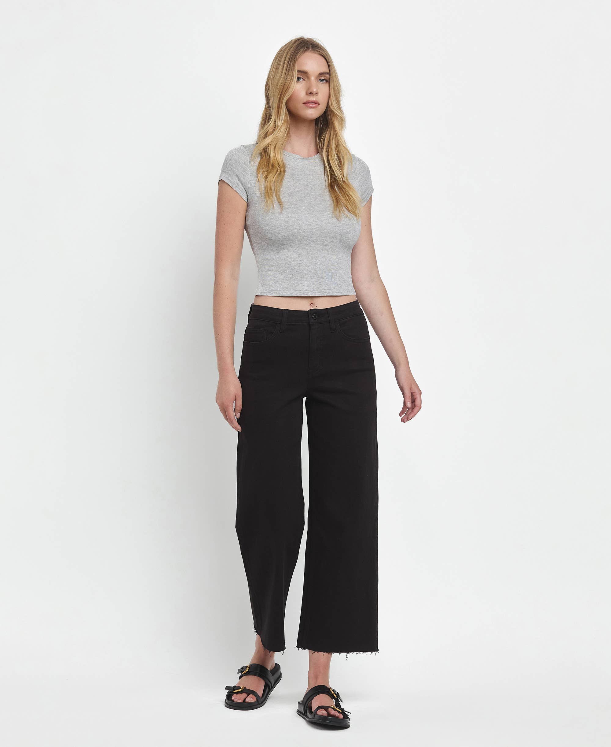 high rise wide leg frayed bottom denim jeans