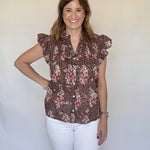 Brown Flutter Sleeve Button Top, Detail 2 - THML