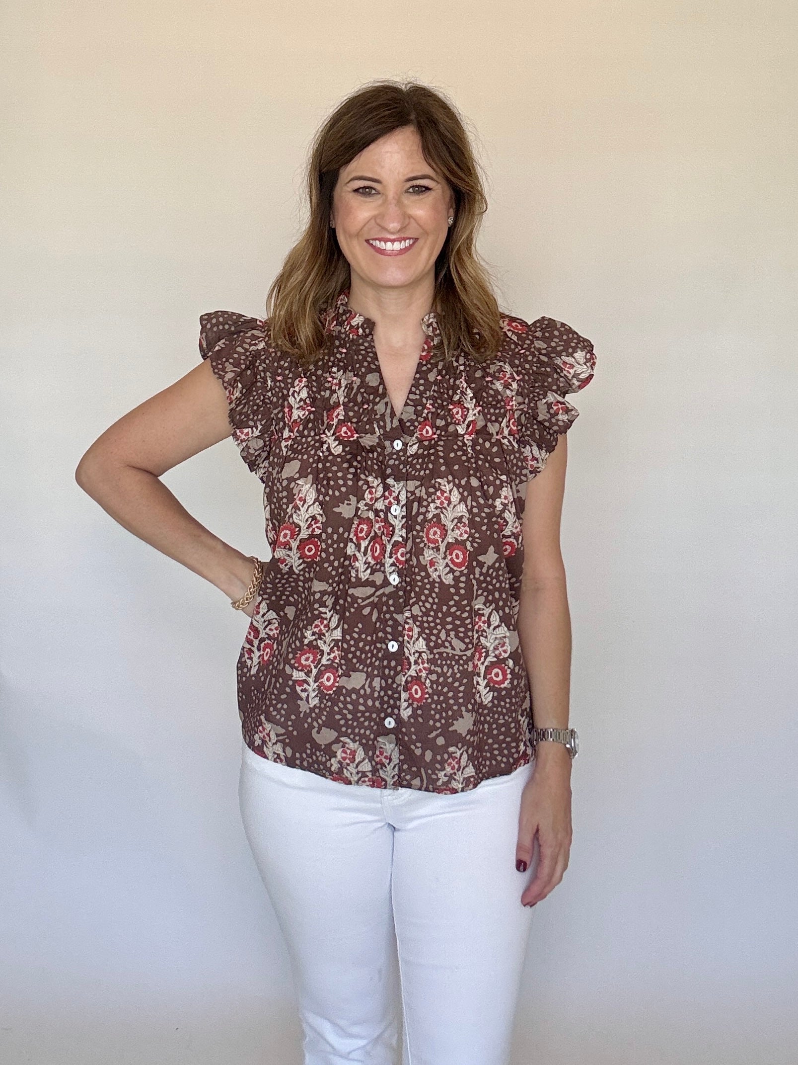 Brown Flutter Sleeve Button Top