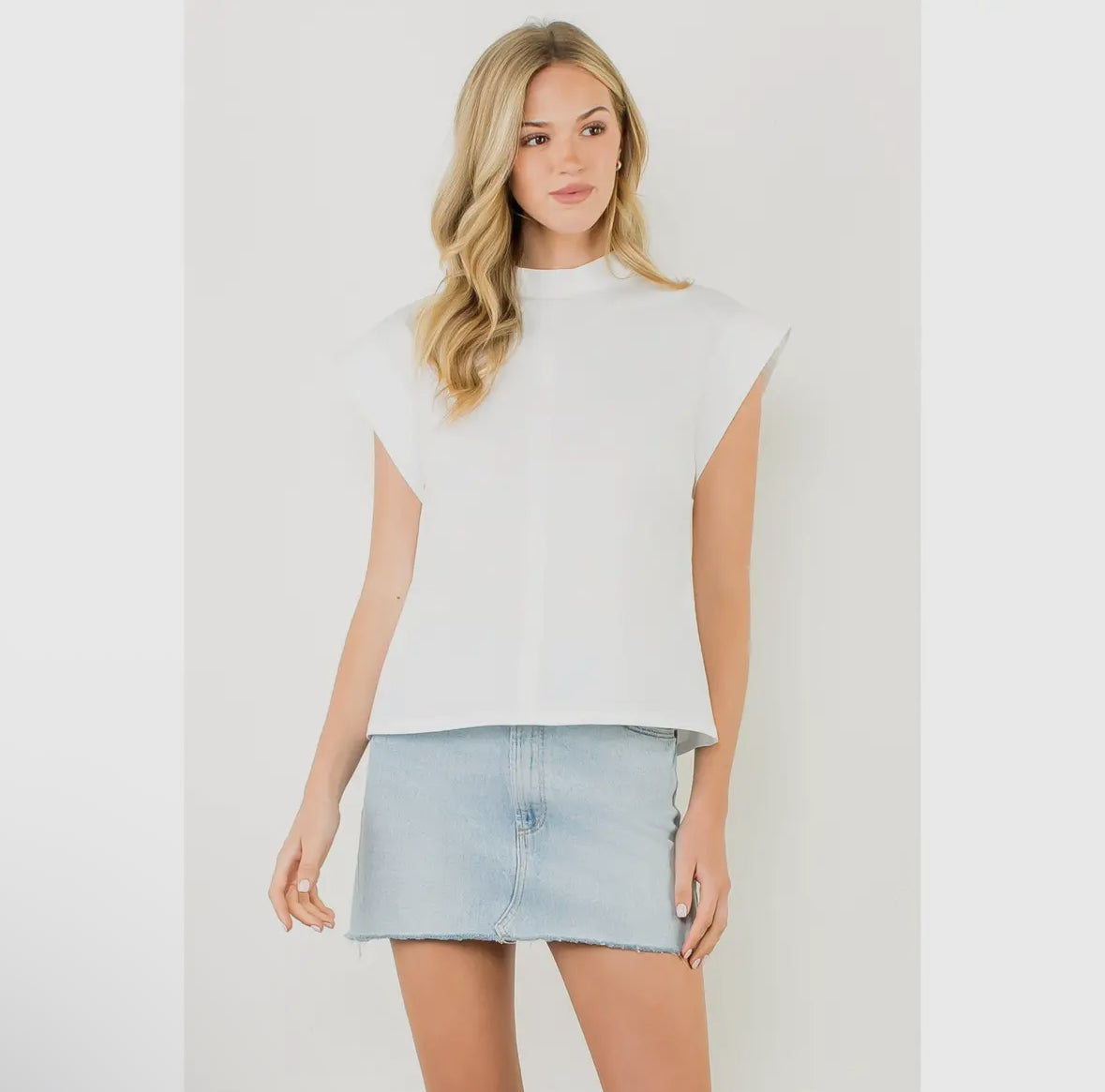 THML mock neck cap sleeve blouse in chartreuse and white