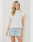 THML mock neck cap sleeve blouse in chartreuse and white