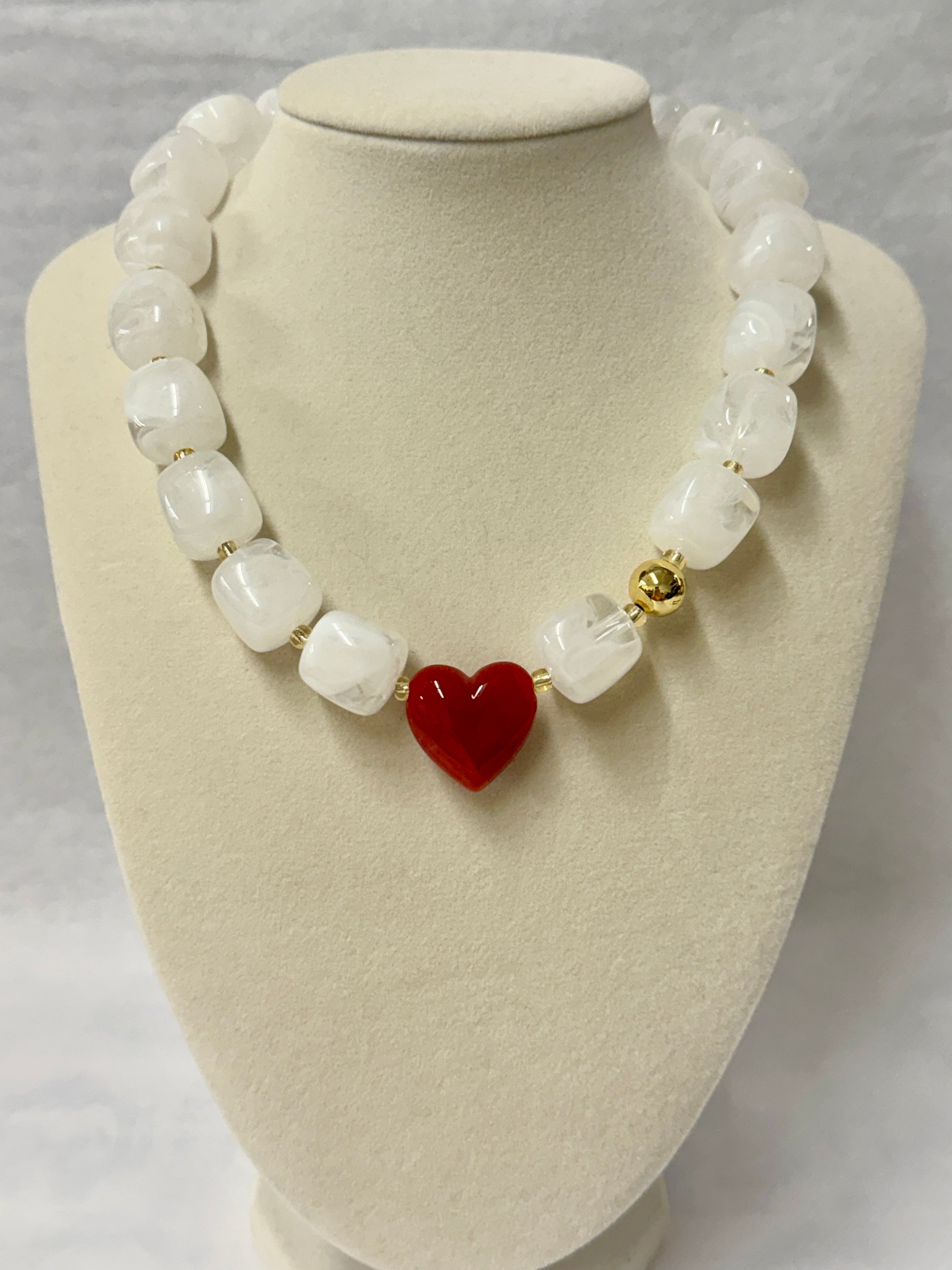 Red Heart White Beaded Necklace - Hart Designs
