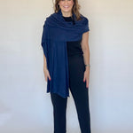 100% cashmere wrap in navy, styled - Chatsworth Boutique