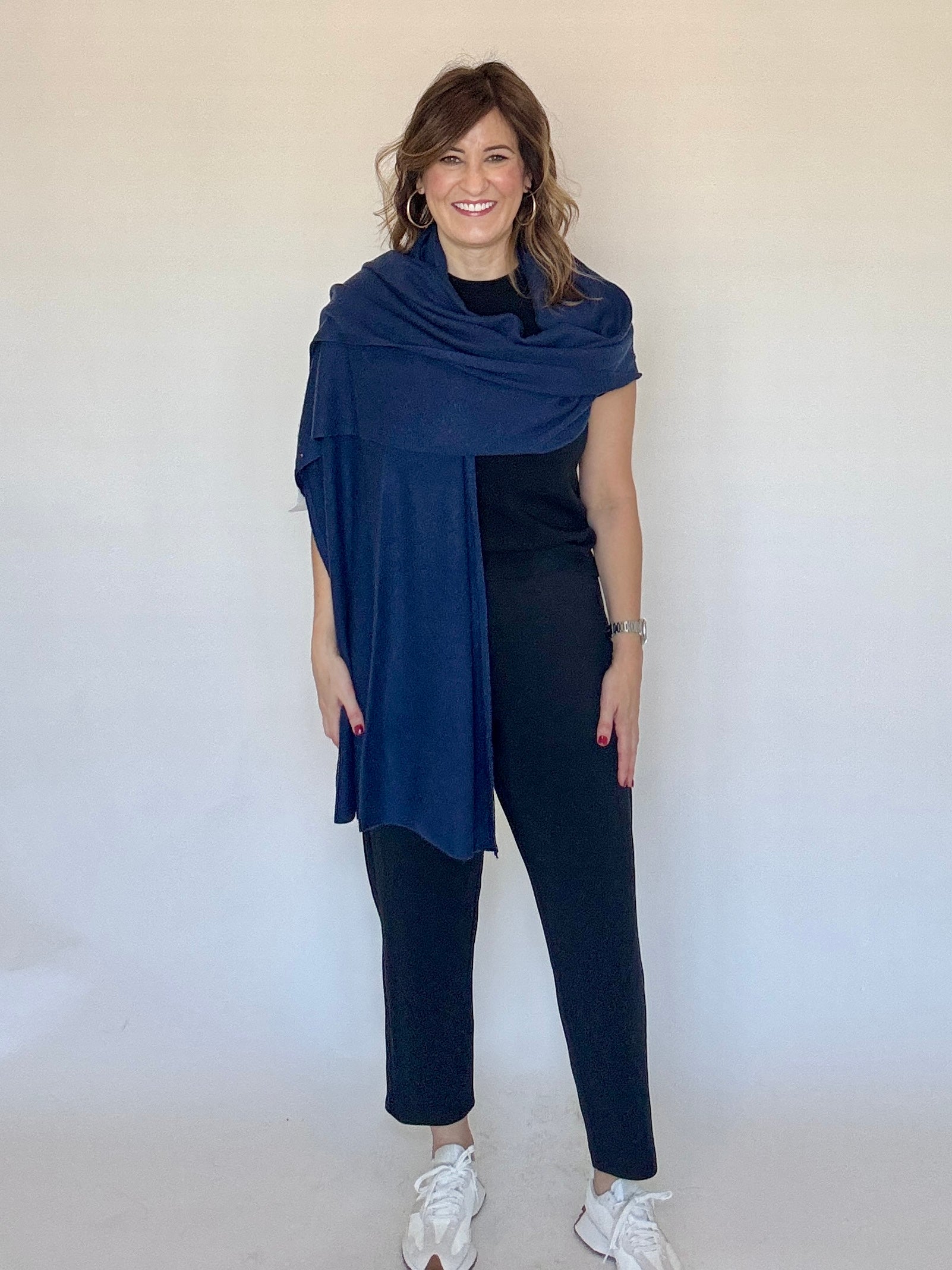 100% cashmere wrap in navy, styled - Chatsworth Boutique