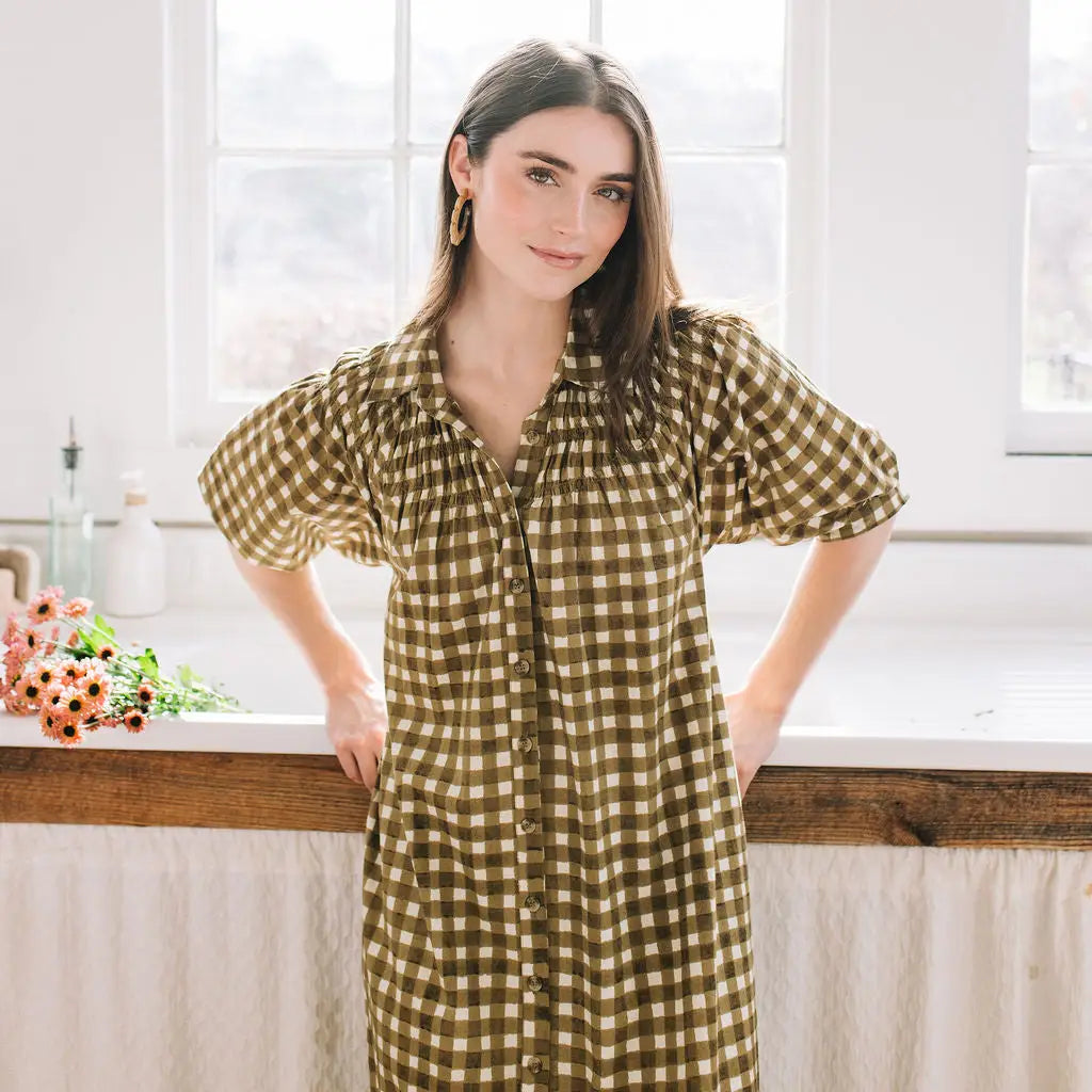 Painted Gingham Oasis Dress, Olive, Detail - Sunshine Tienda