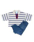 Striped polo shirt with a orane abd blue stripe v- neck collar and blue jeans on a white background