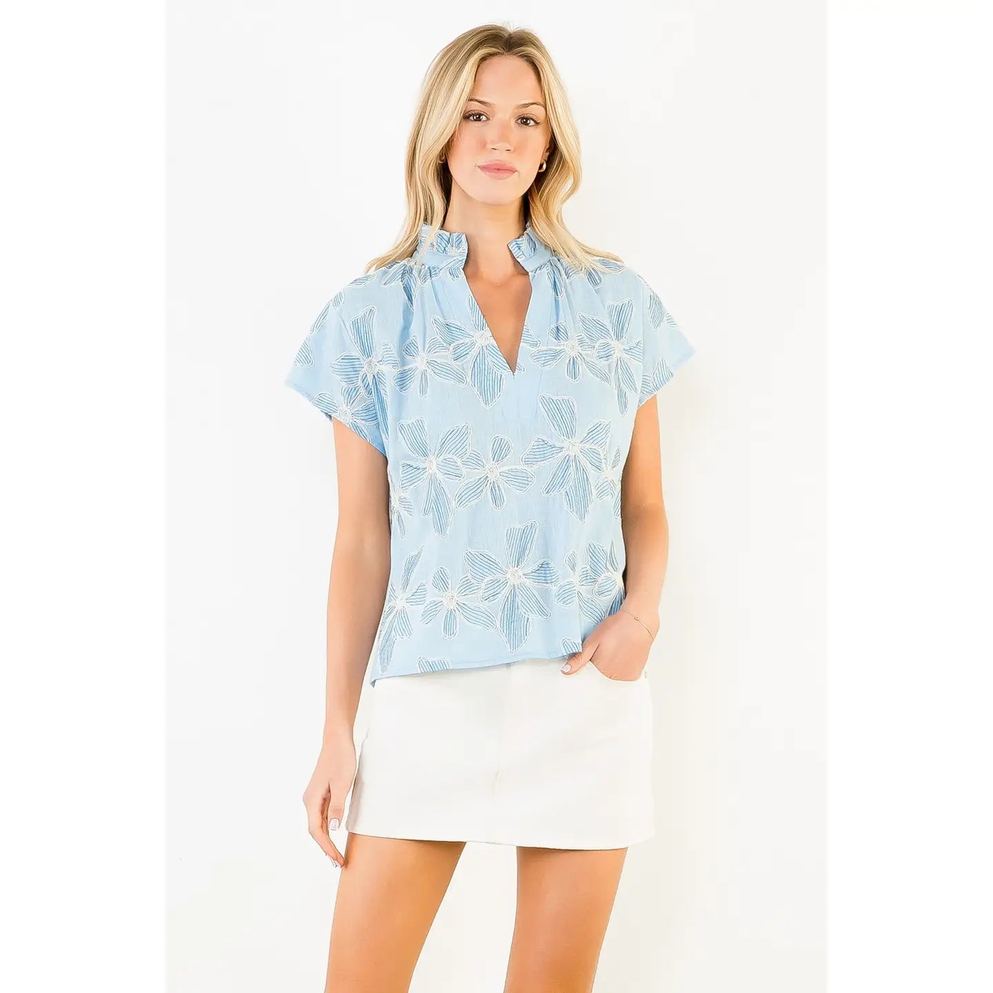 Blue Emb Floral Top