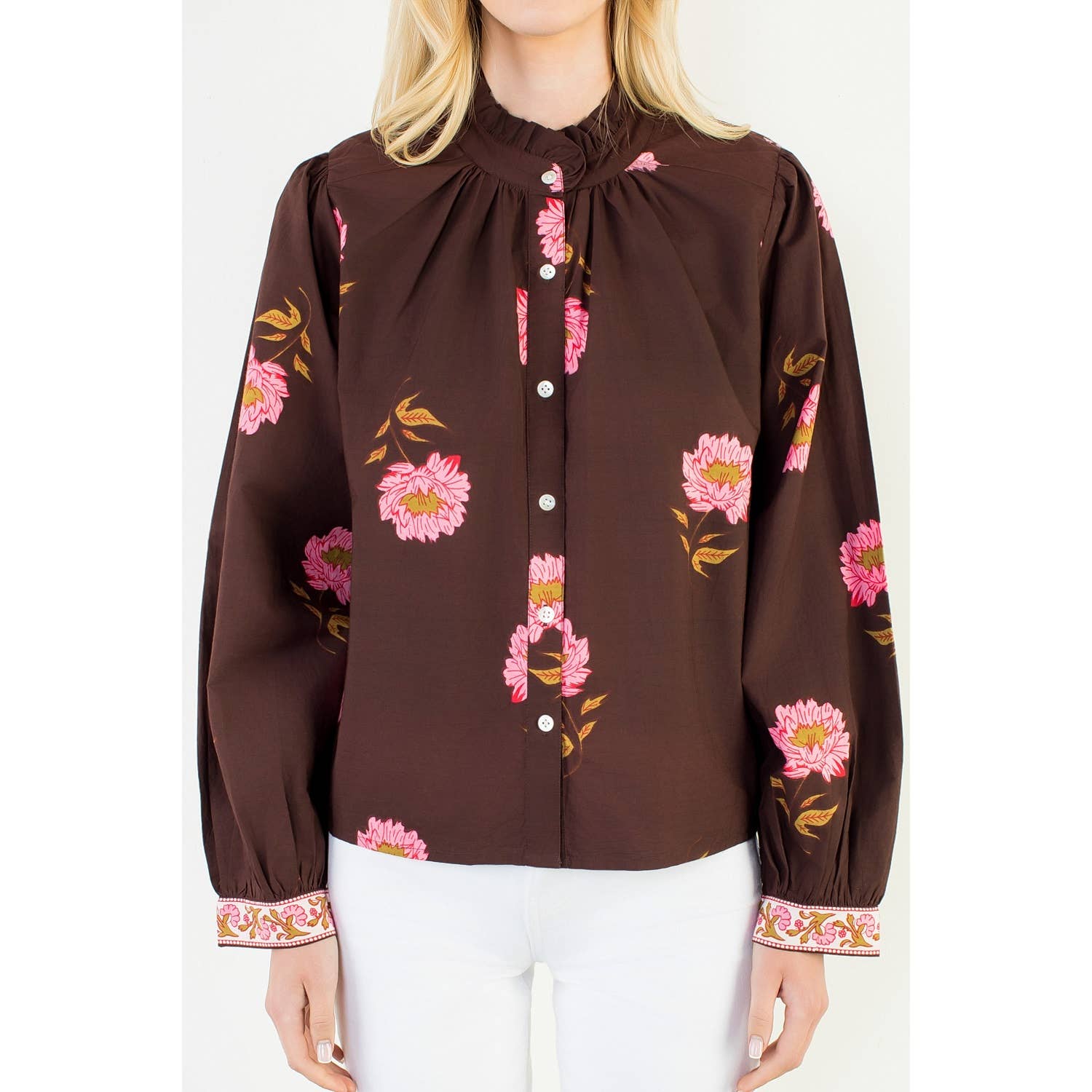 Long Sleeve Floral Top With Pattern Cuffs - Chatsworth Boutique