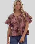 ruffle sleeve tie neck peplum cotton top