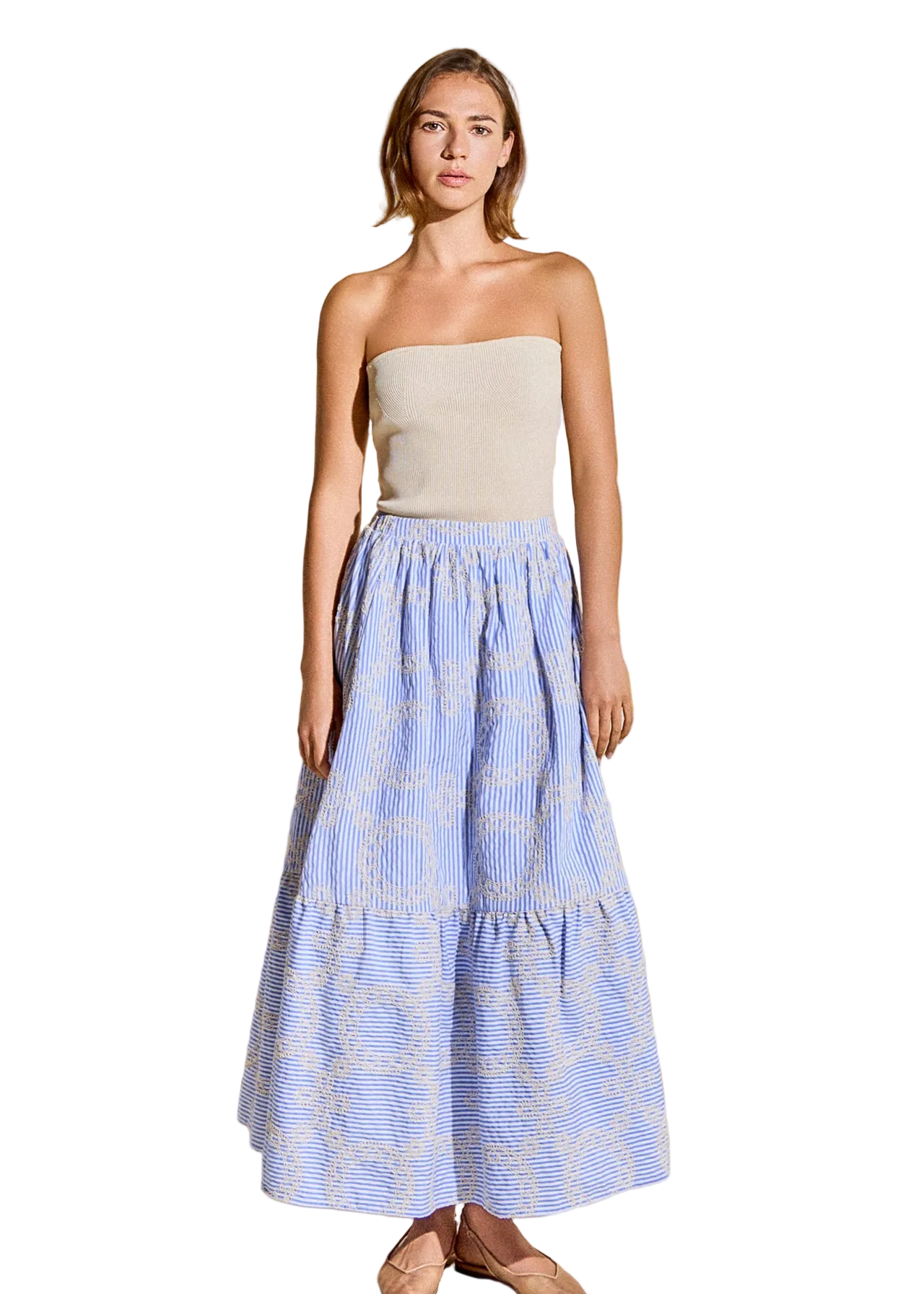 Blue Embroidered Maxi Skirt