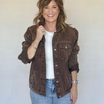 Chocolate oversized denim jacket by Vintage Havana, front view
