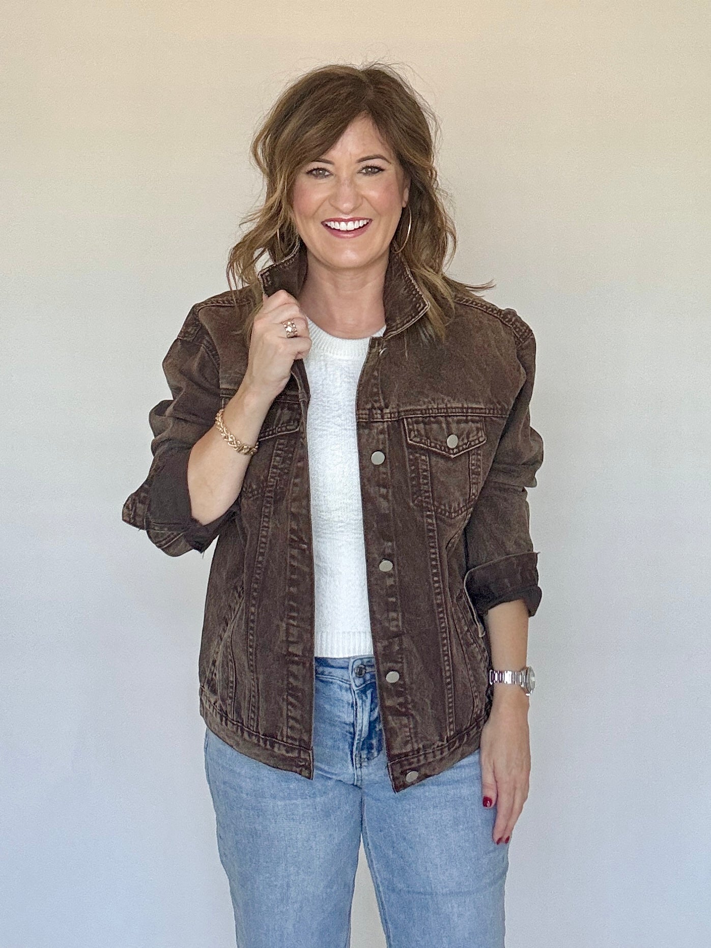 Chocolate oversized denim jacket by Vintage Havana, front view