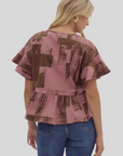 ruffle sleeve tie neck peplum cotton top
