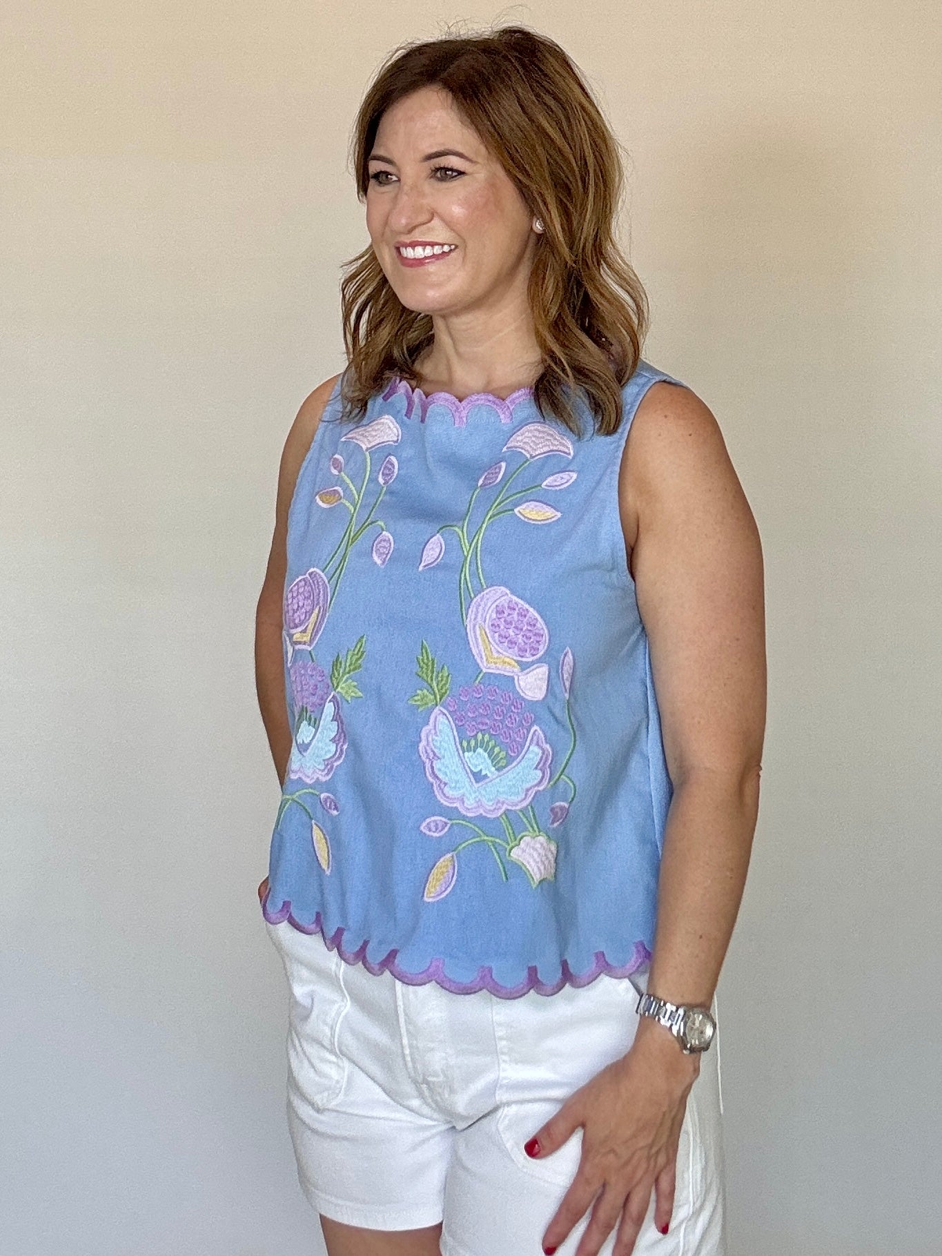 Ice Blue Floral Embroidery Tank