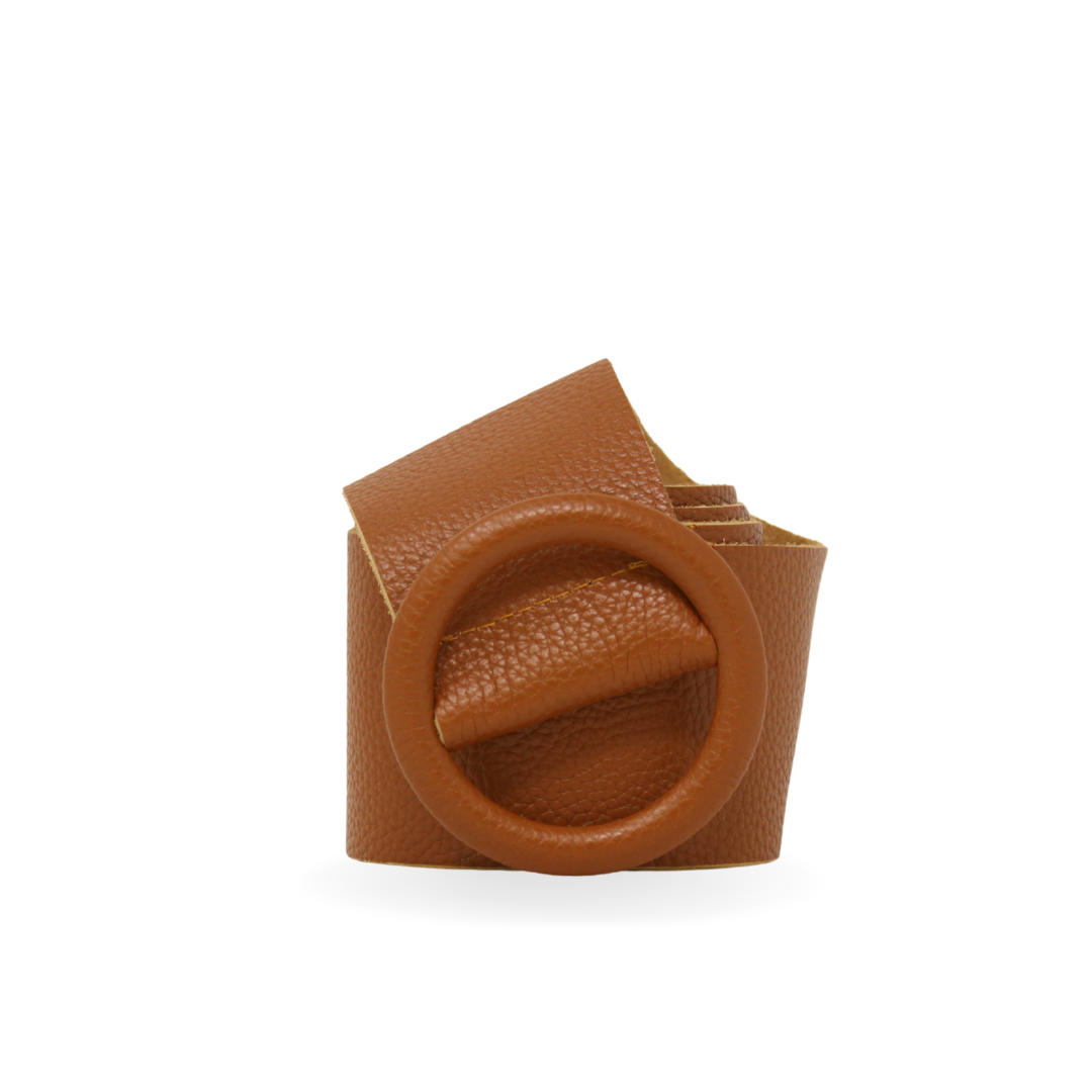 Brown leather belt with a circular buckle on a white background