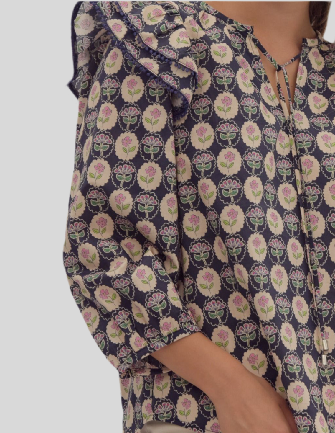 double ruffle shoulder 3/4 length sleeve tie neck cotton top