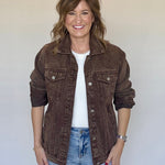 Chocolate oversized denim jacket by Vintage Havana, styled and worn