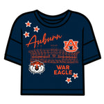A navy women's boxy tee featuring Auburn and War Eagle wording against the silhouette of Jordan-Hare Stadium.