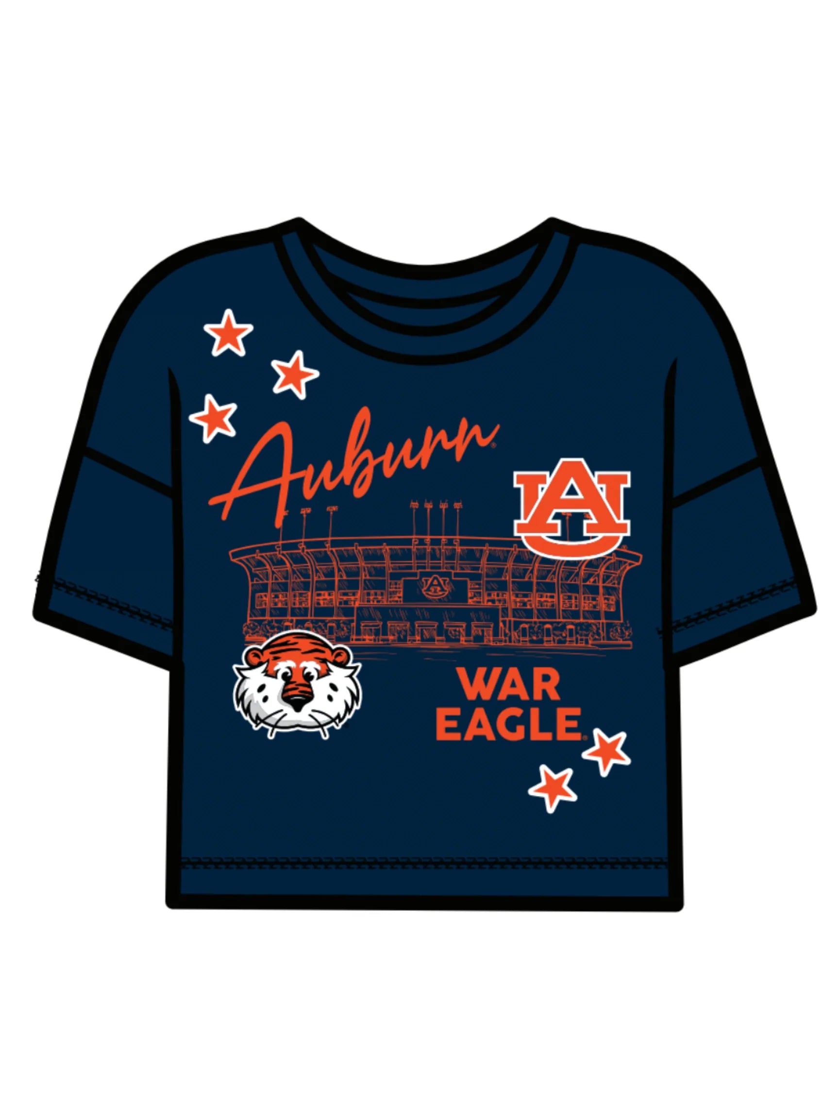 A navy women's boxy tee featuring Auburn and War Eagle wording against the silhouette of Jordan-Hare Stadium.
