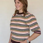 Brown Sweater Knit Top with Mint and Pink Geometric Stripes, Detail - THML