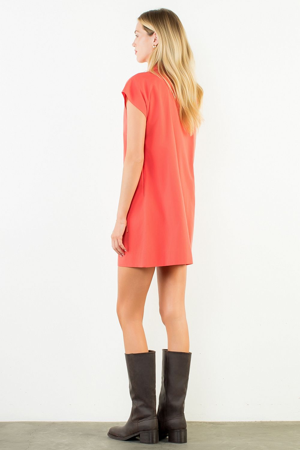 Red Orange Collared Shirtdress Mini, Back View - THML