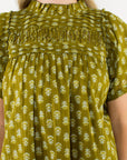 THML green floral pleated neck blouse with subtle sleeves