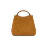 Brown suede handbag on a white background