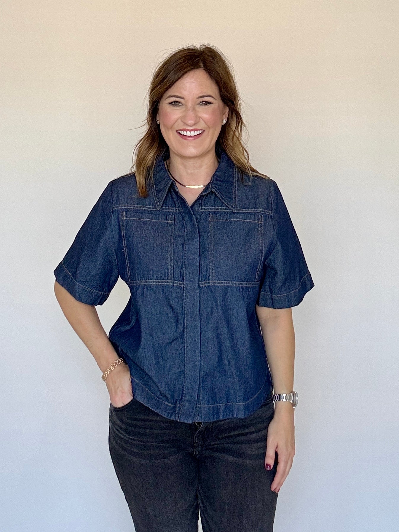Denim Boxy Button Up Blouse - THML