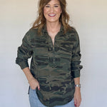 Forest Camo Tencel Qzip Tunic by Vintage Havana in forest green camo print
