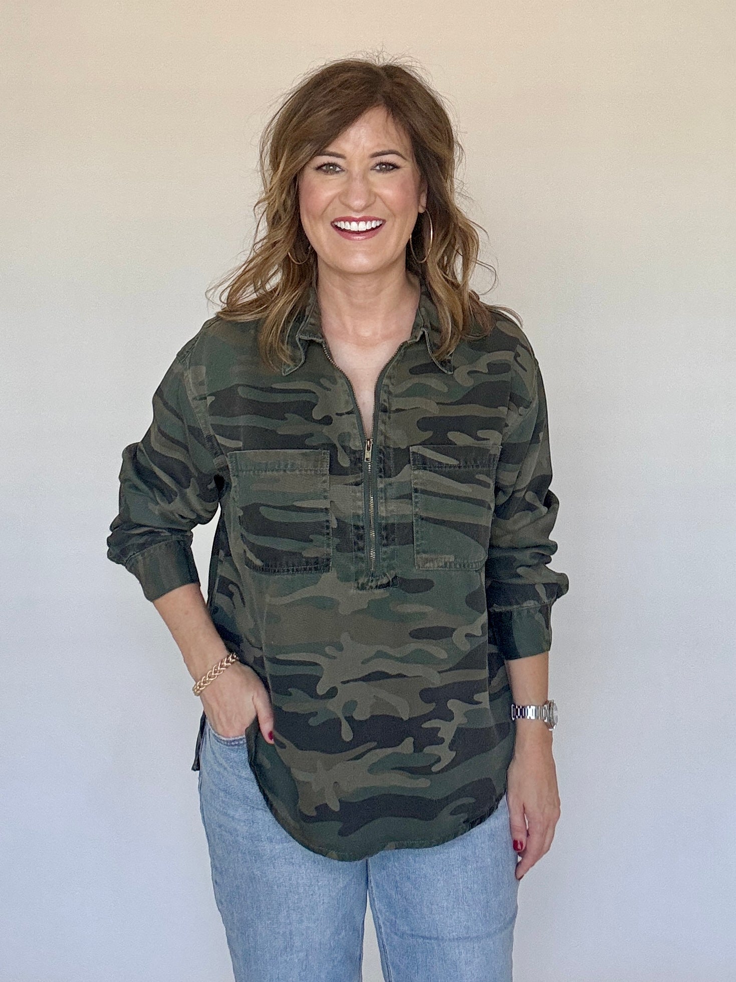 Forest Camo Tencel Qzip Tunic by Vintage Havana in forest green camo print