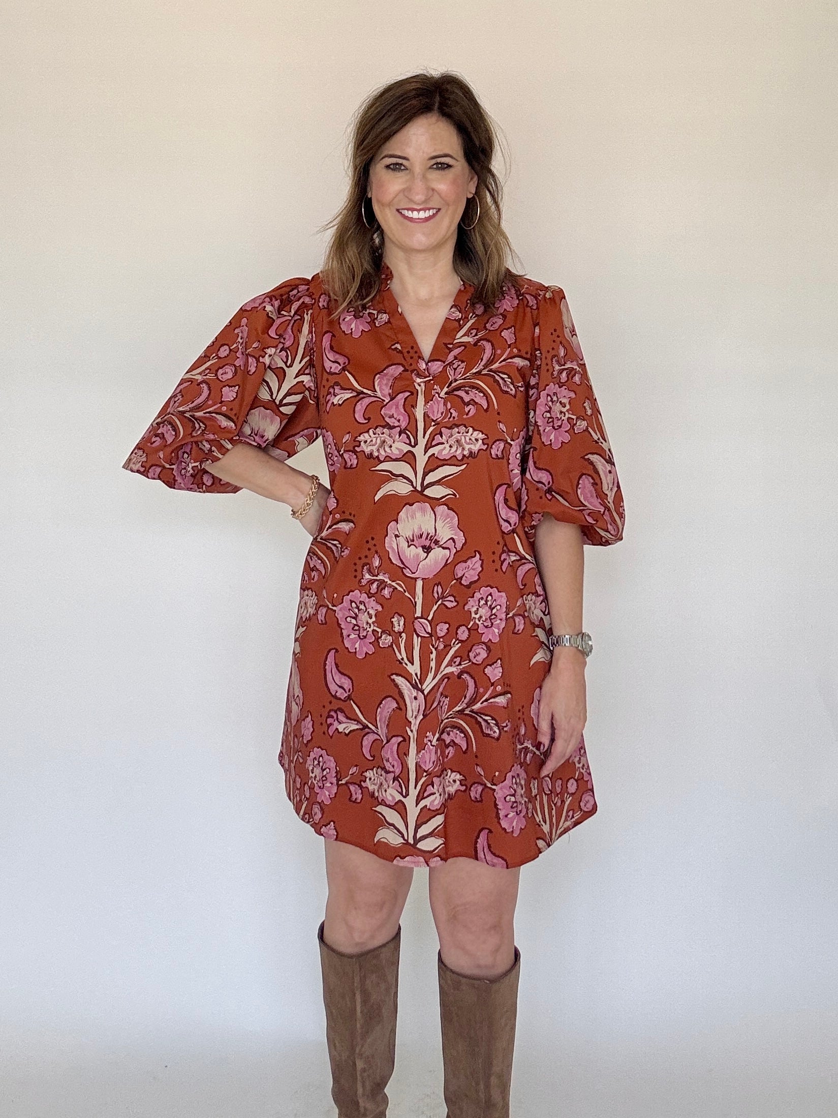 Floral V-Neck Mini, Rust, Styled - Entro
