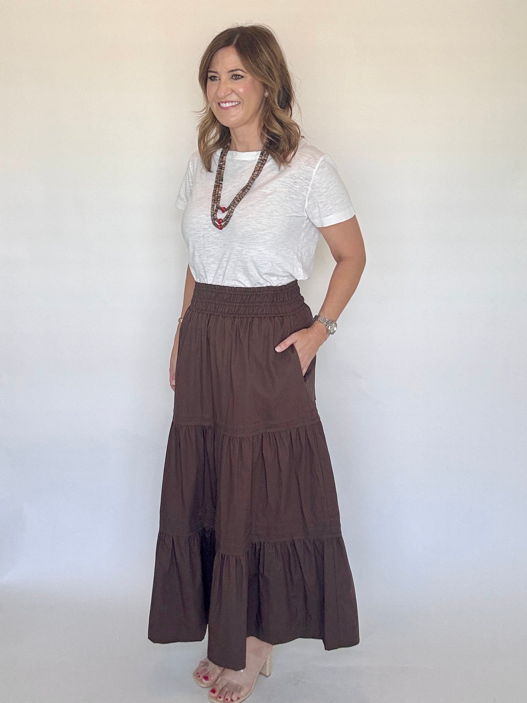 Chocolate Tiered Midi Skirt - THML