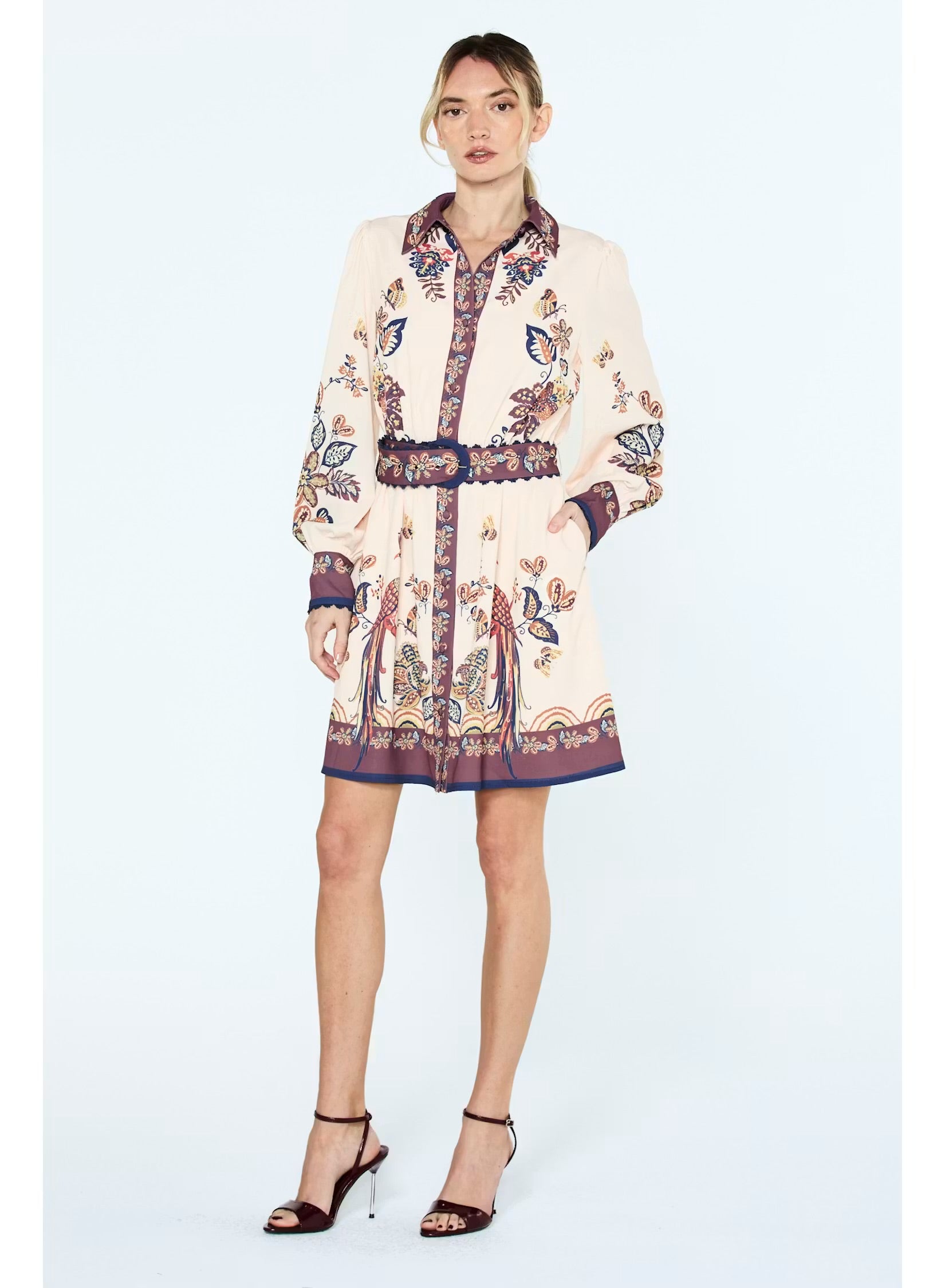 Cream Peacock Print Mini Dress, Back View - Ciebon